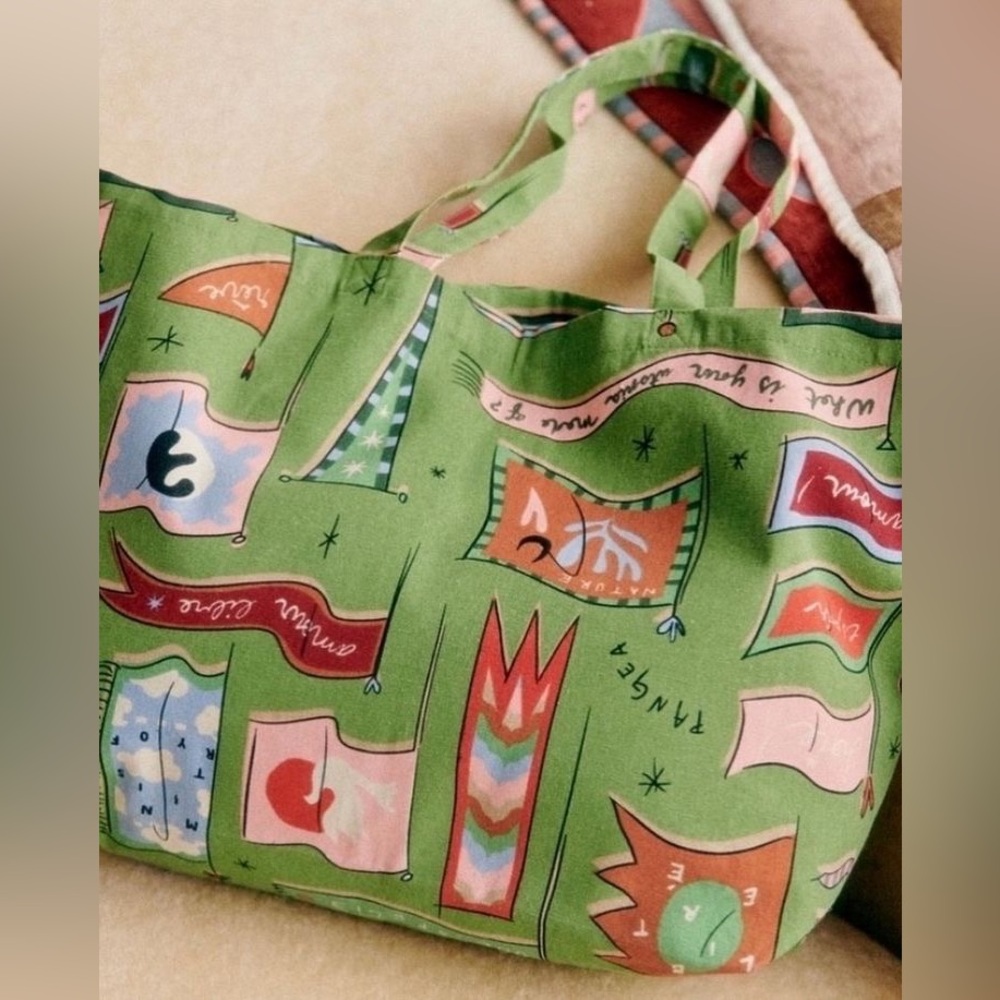 ☀️ NWT Sezane X Pangea Green Multicolor Flag Tote Bag
